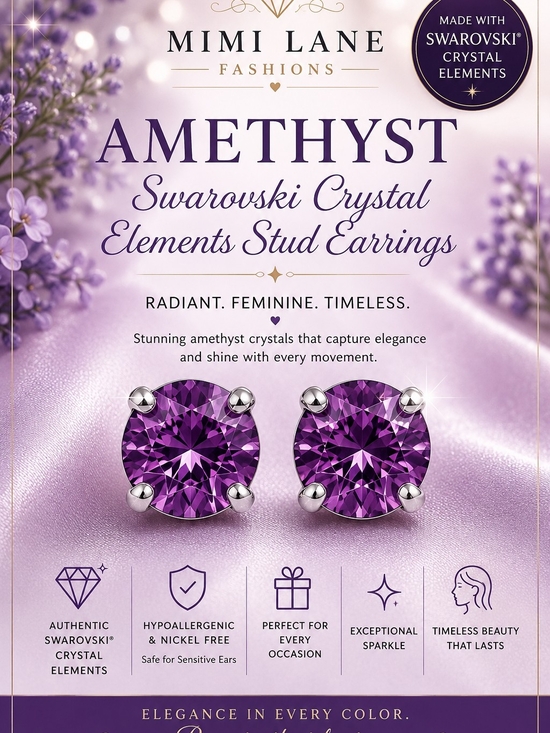 mimilanefasion Jewelry - Amethyst Swarovski Crystal Stud Earrings - Purple